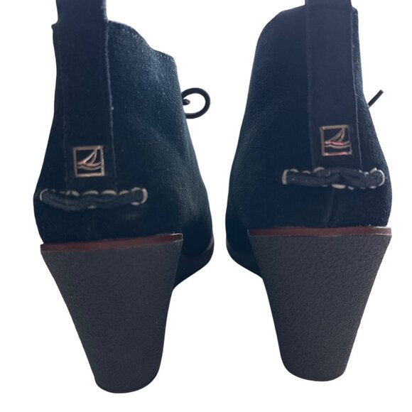 Sperry Harlow Black Suede Lace-Up Wedge Booties Leather Laces Size 8 - Picture 2 of 7